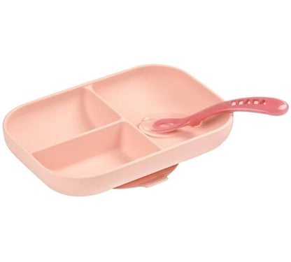 Beaba Silicone Suction Divided Plate + Spoon pink